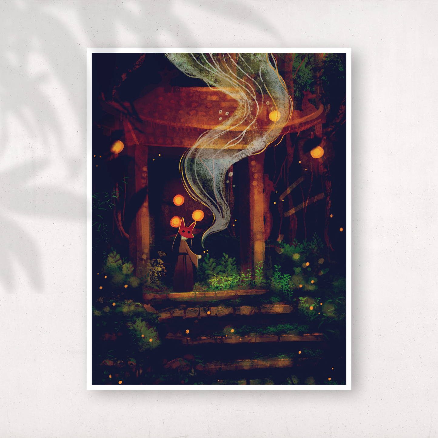 Moody fox shrine fantasy fine art print with glowing lanterns and forest scene