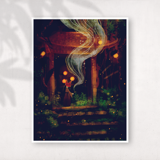 Moody fox shrine fantasy fine art print with glowing lanterns and forest scene