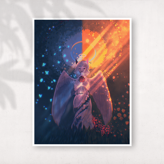 Illustration of a serene angel statue holding a red rose, surrounded by butterflies and divided between warm golden sunlight and cool midnight blue tones.