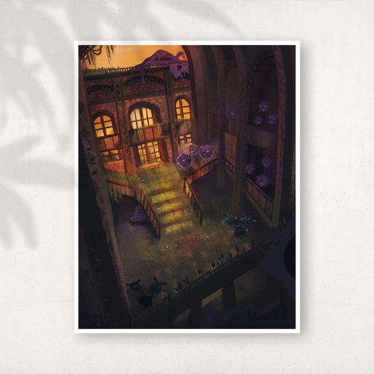 Moody illustration of an abandoned industrial building with warm glowing windows, ivy-covered stone steps, and tiny shadowy creatures in a courtyard at dusk.