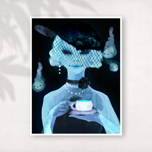 Illustration of a pale blue, veiled woman holding a teacup, with small floating spirit-like figures around her against a dark background.