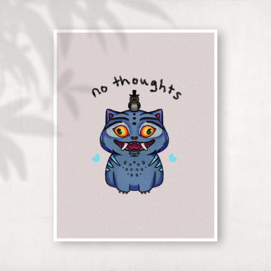 Cute blue tiger creature with orange eyes, small fangs, and a tiny bird wearing a top hat on its head. The words “no thoughts” are written above it.