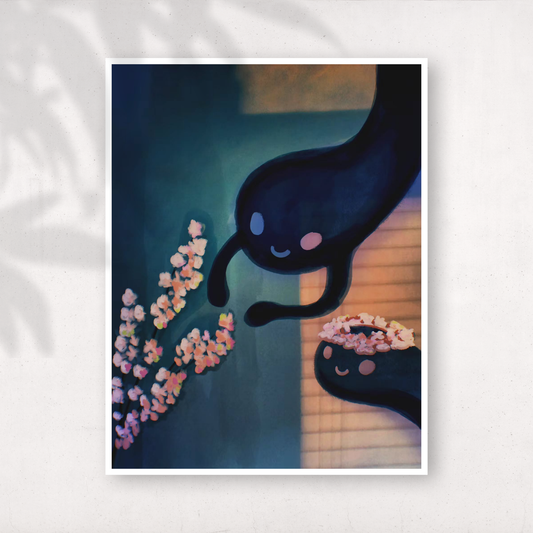 Illustration of two small black spirit-like creatures in warm window light, one upside down and one wearing a flower crown, beside soft pink blossoms against a teal wall.