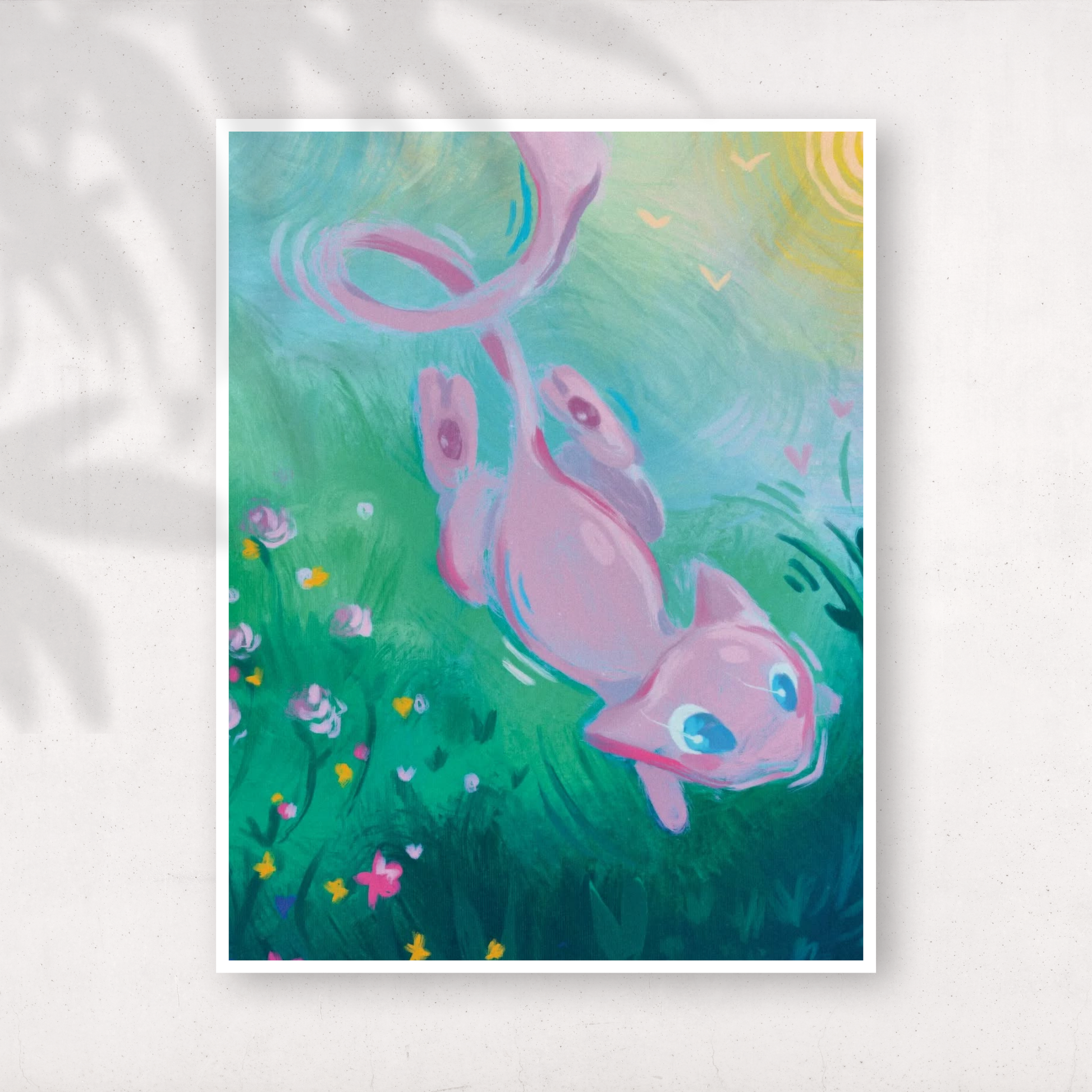 Illustration of a small pink cat-like creature with large blue eyes lying in a grassy meadow filled with tiny flowers, bathed in warm sunlight.