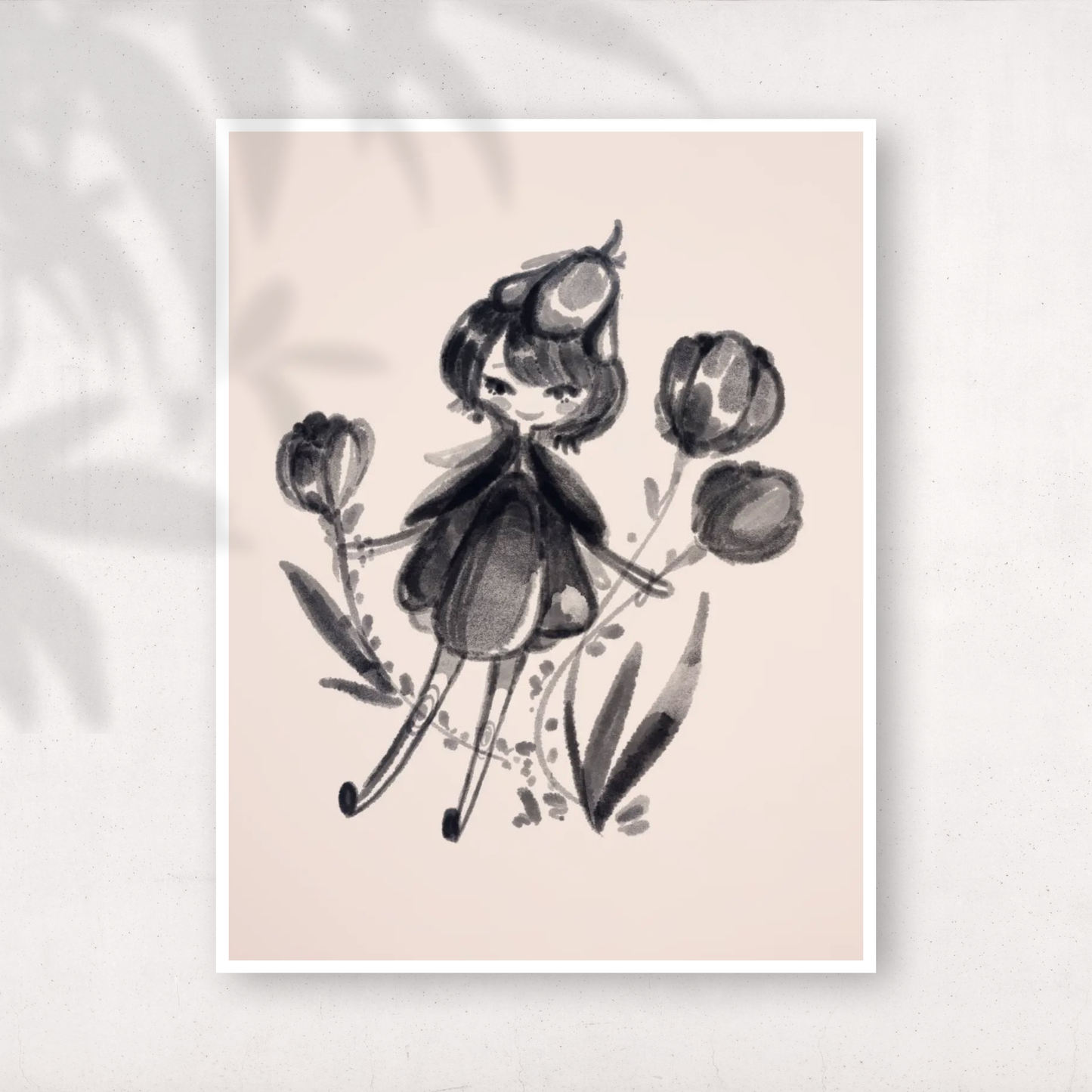 Monochrome ink-style illustration of a small girl figure with a tulip-shaped headpiece, standing among tulip flowers on a soft beige background.