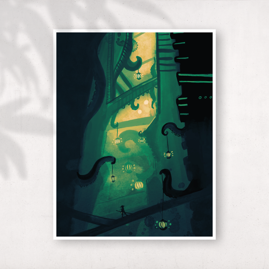 Digital fantasy illustration of a deep green, lanternlit “sunken city” with hanging lanterns, curling shadowy shapes, and a tiny silhouetted traveler walking along a beam near the bottom.