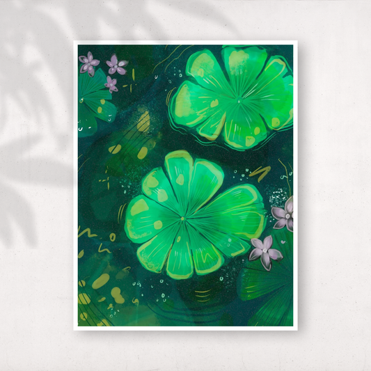 Green illustration of glowing lily pads floating on dark water with small purple flowers and soft ripples.