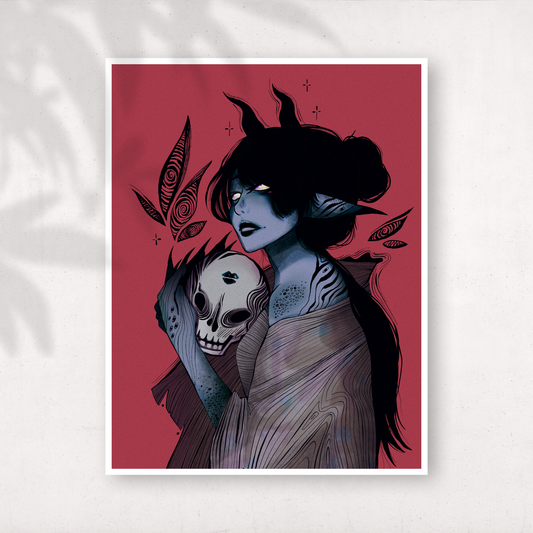 Dark fantasy illustration of a horned, blue-skinned woman holding a skull against a red background, with glowing eyes and stylized swirling shapes around her.